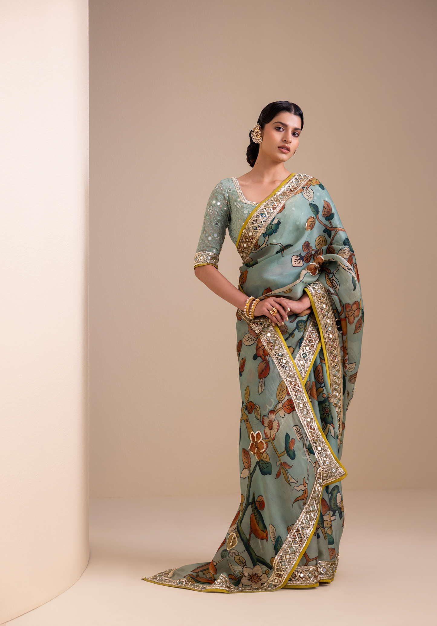 Birds Outside Cages Kalamkari Saree Set