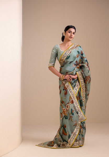 Birds Outside Cages Kalamkari Saree Set
