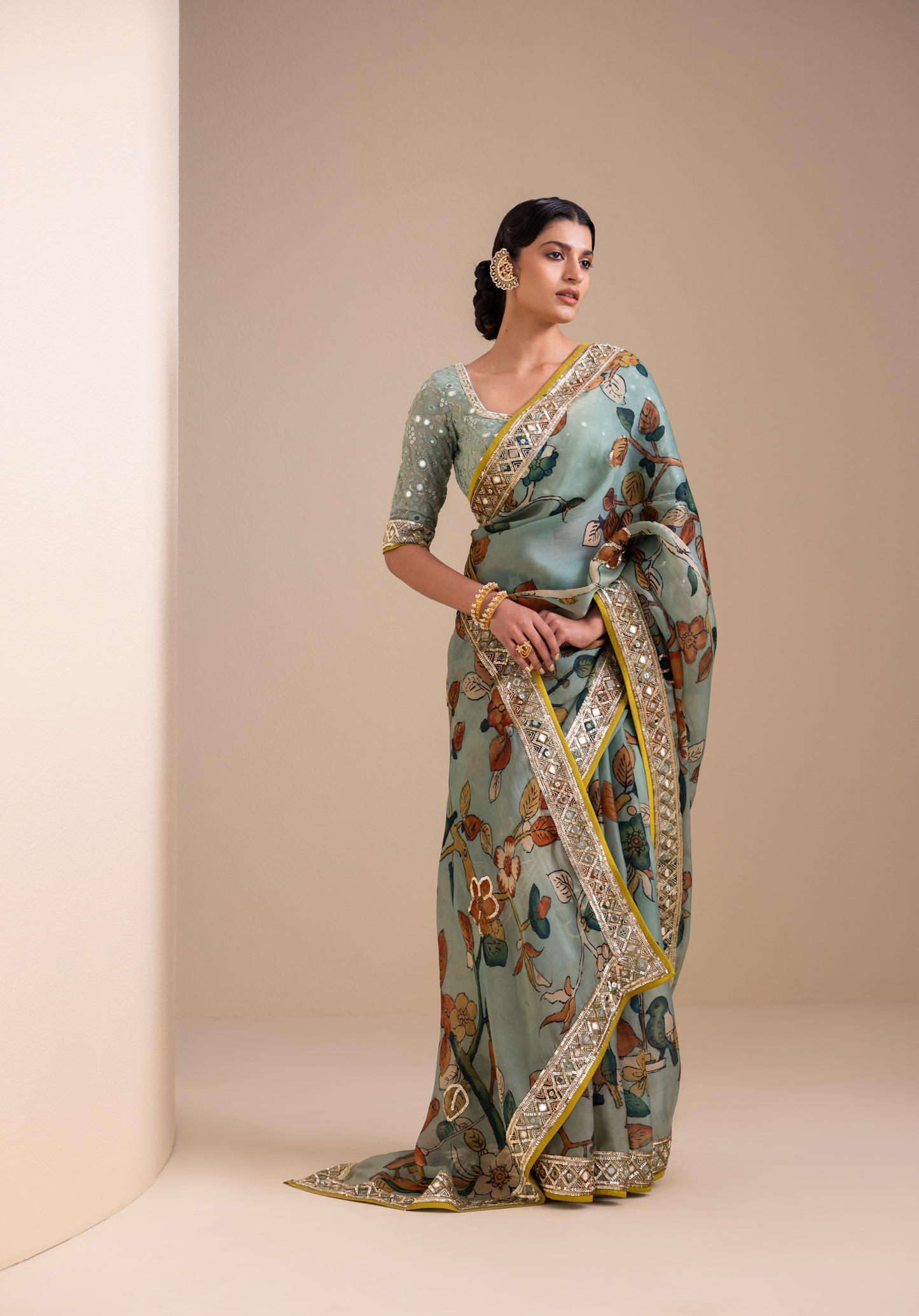 Birds Outside Cages Kalamkari Saree Set