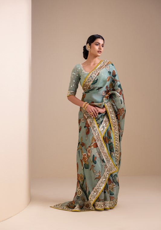 Birds Outside Cages Kalamkari Saree Set