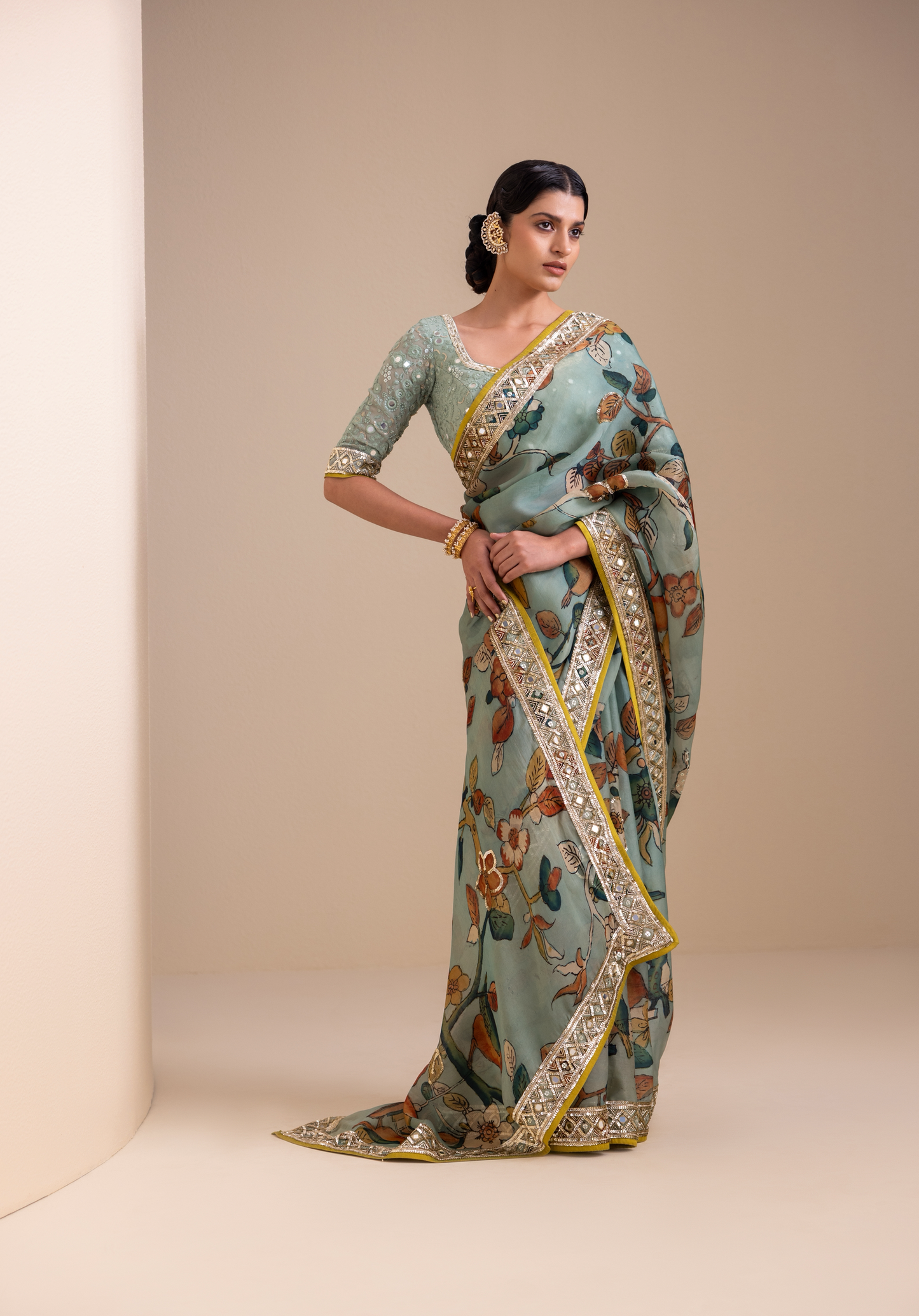 Birds Outside Cages Kalamkari Saree Set