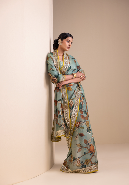 Birds Outside Cages Kalamkari Saree Set