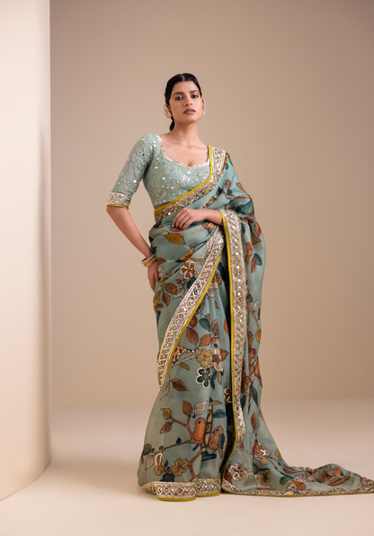 Birds Outside Cages Kalamkari Saree Set