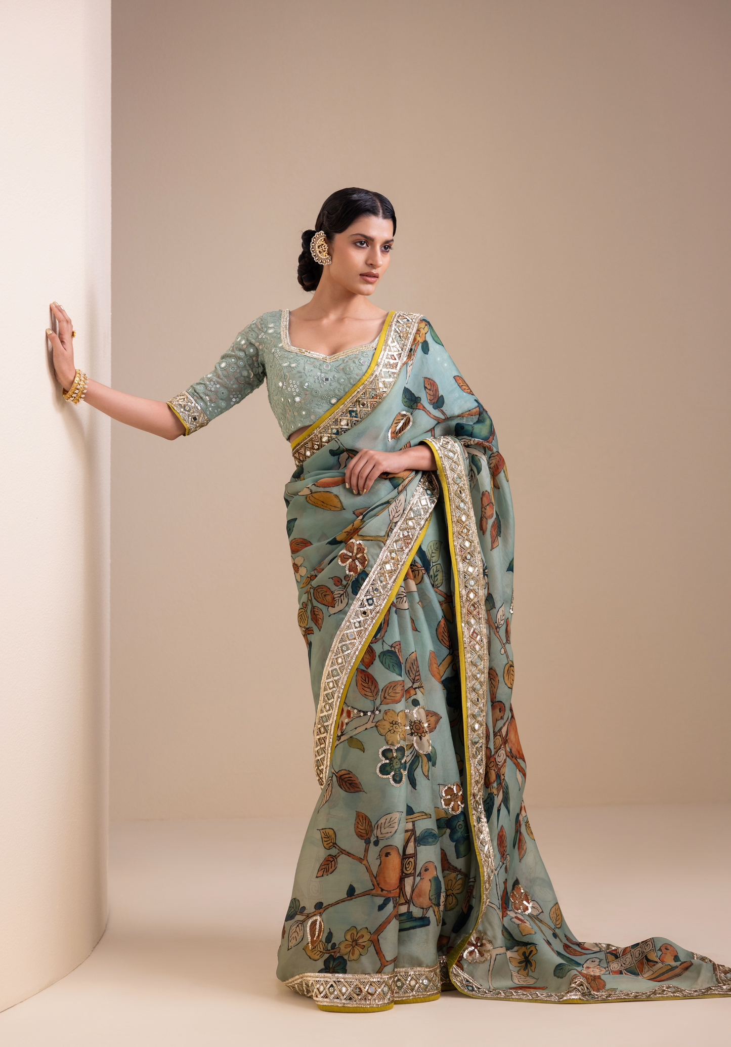 Birds Outside Cages Kalamkari Saree Set