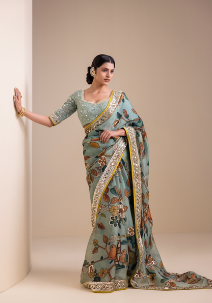 Birds Outside Cages Kalamkari Saree Set