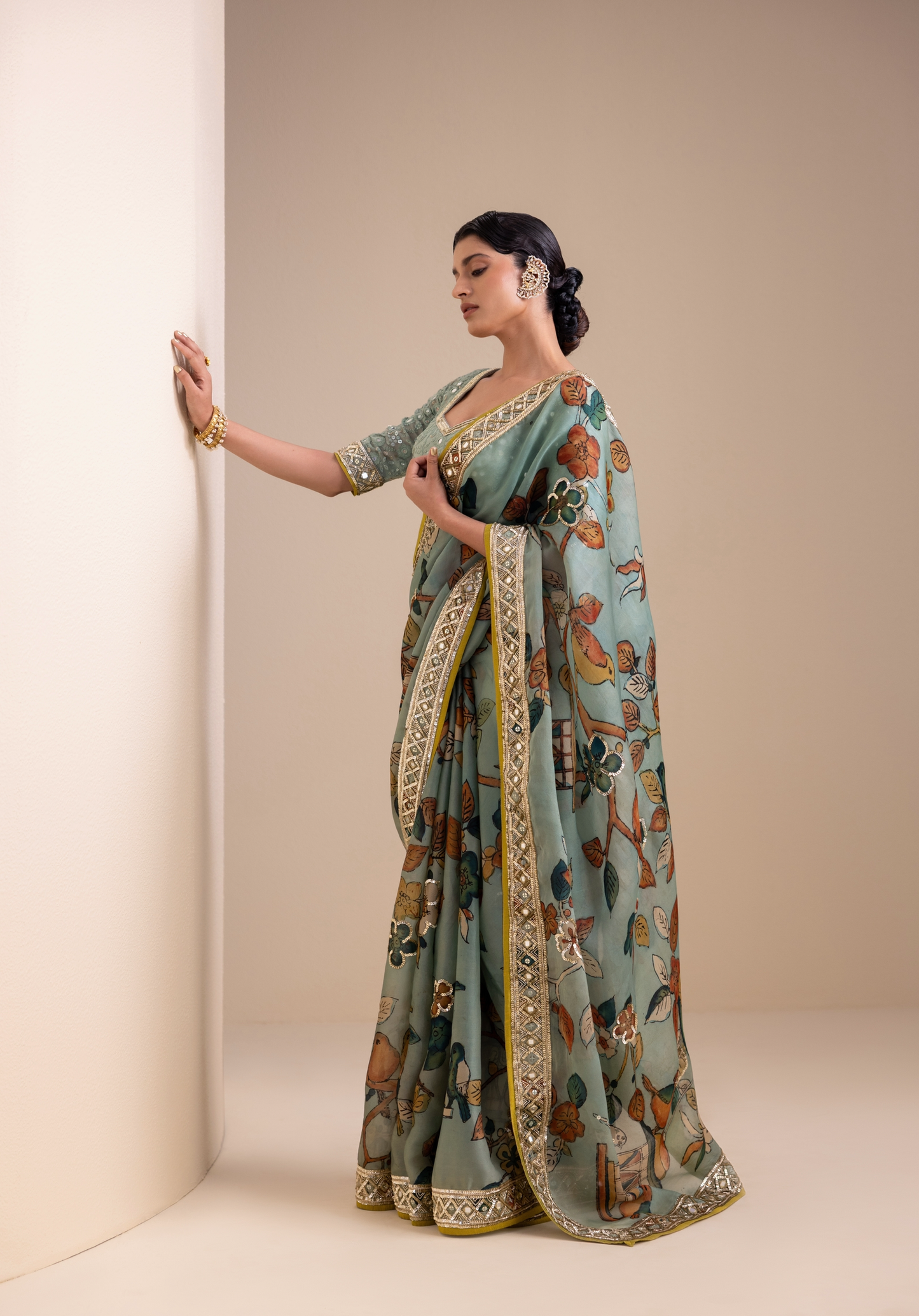 Birds Outside Cages Kalamkari Saree Set