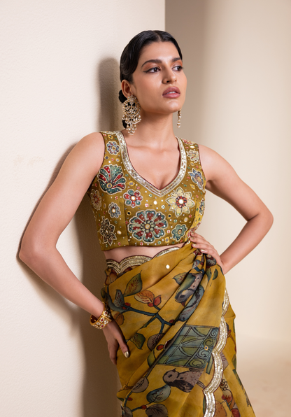Birds Outside Cages Kalamkari Saree Set