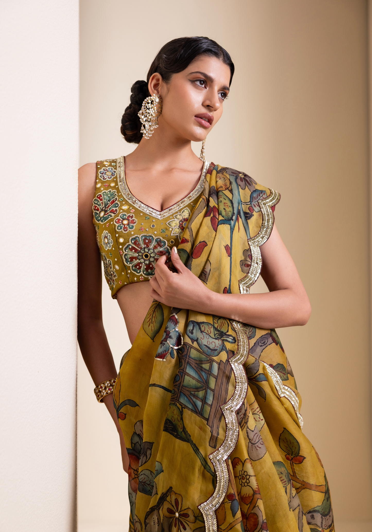 Birds Outside Cages Kalamkari Saree Set
