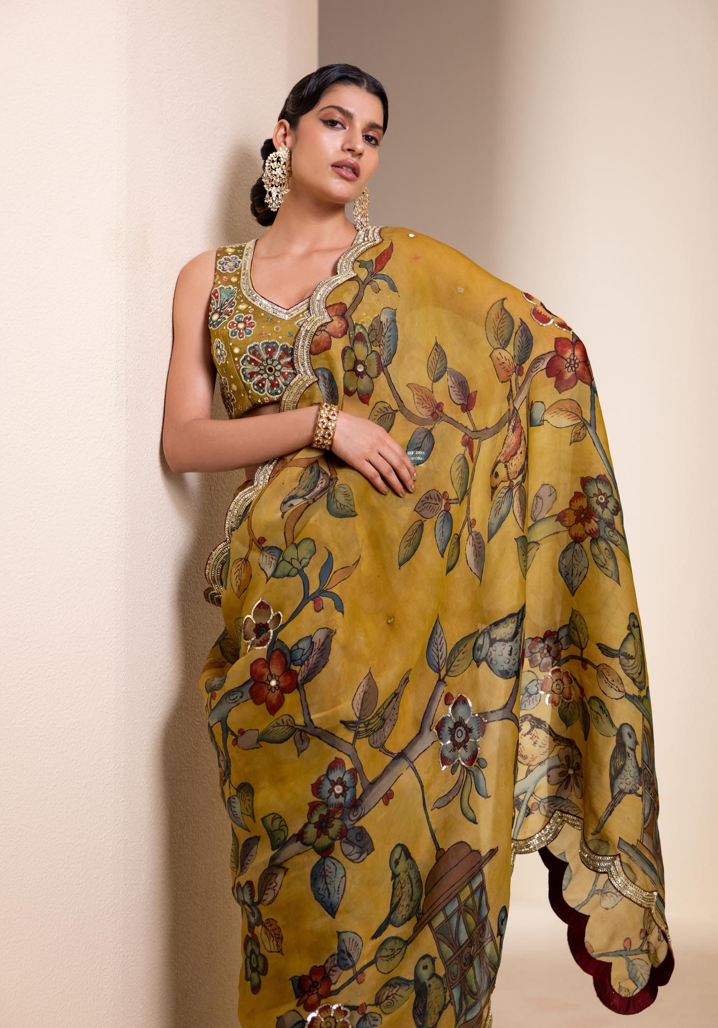 Birds Outside Cages Kalamkari Saree Set