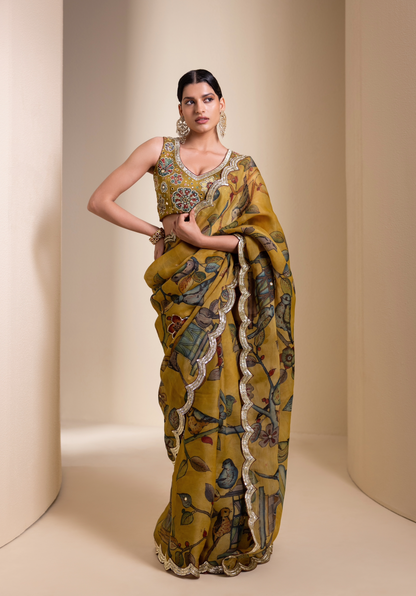 Birds Outside Cages Kalamkari Saree Set