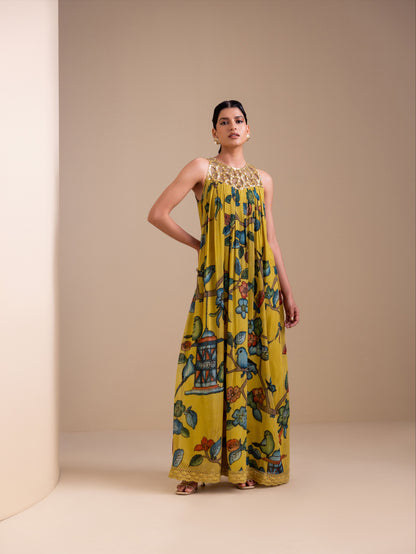Birds Outside Cages Ochre Kalamkari Maxi