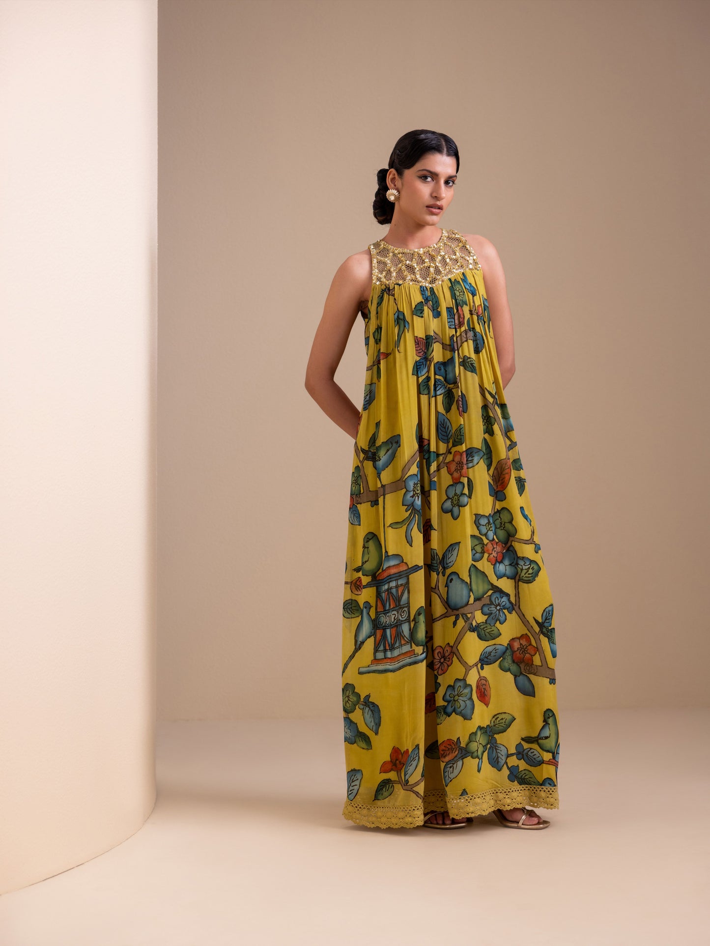 Birds Outside Cages Ochre Kalamkari Maxi