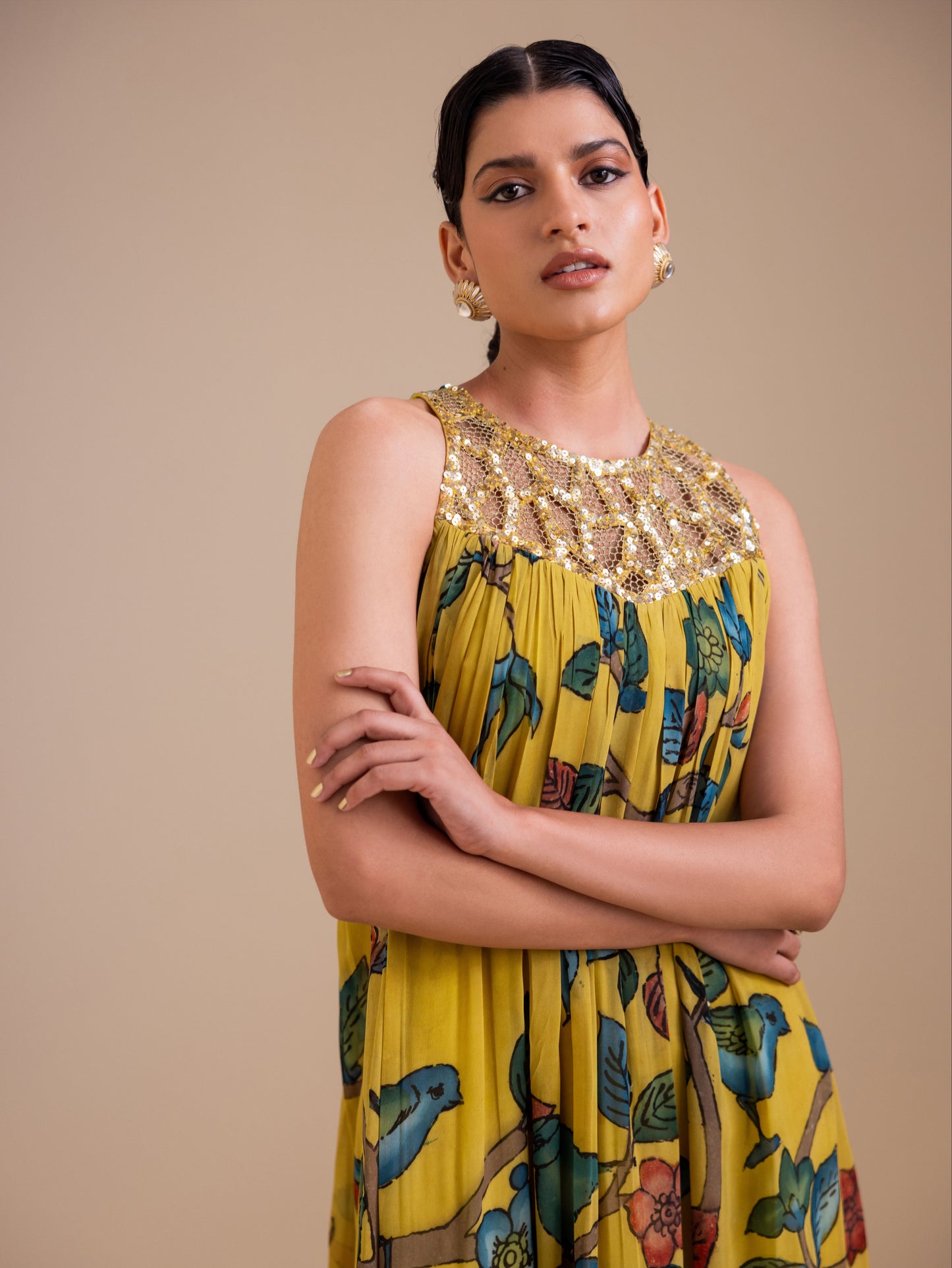 Birds Outside Cages Ochre Kalamkari Maxi