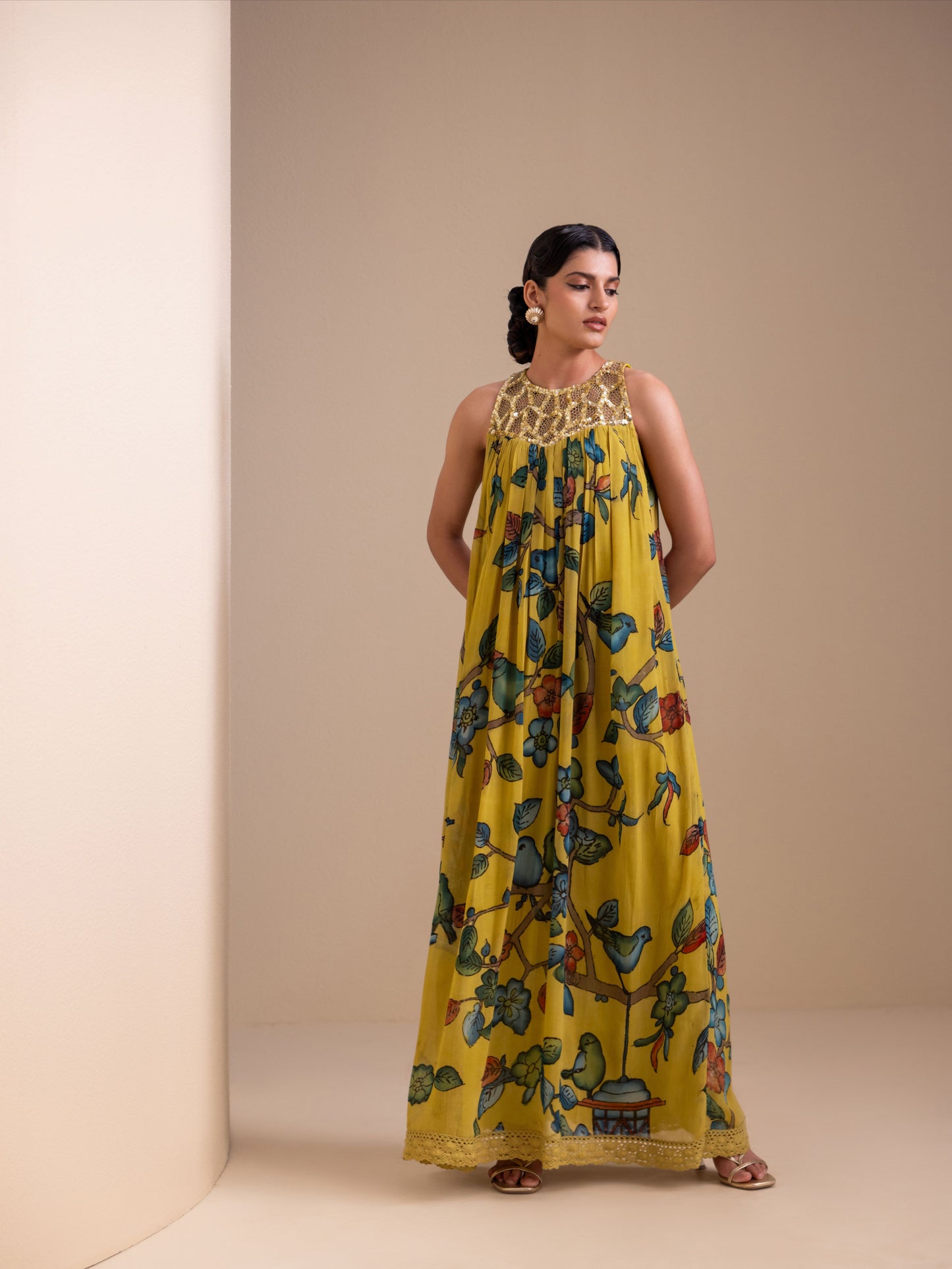 Birds Outside Cages Ochre Kalamkari Maxi