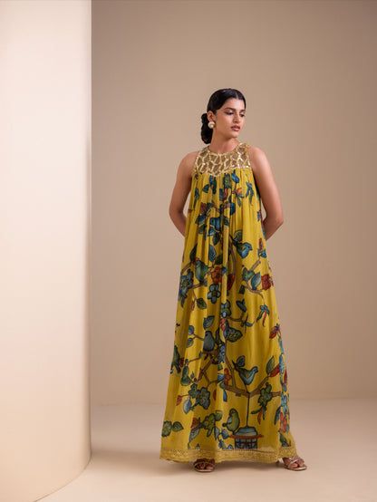 Birds Outside Cages Ochre Kalamkari Maxi