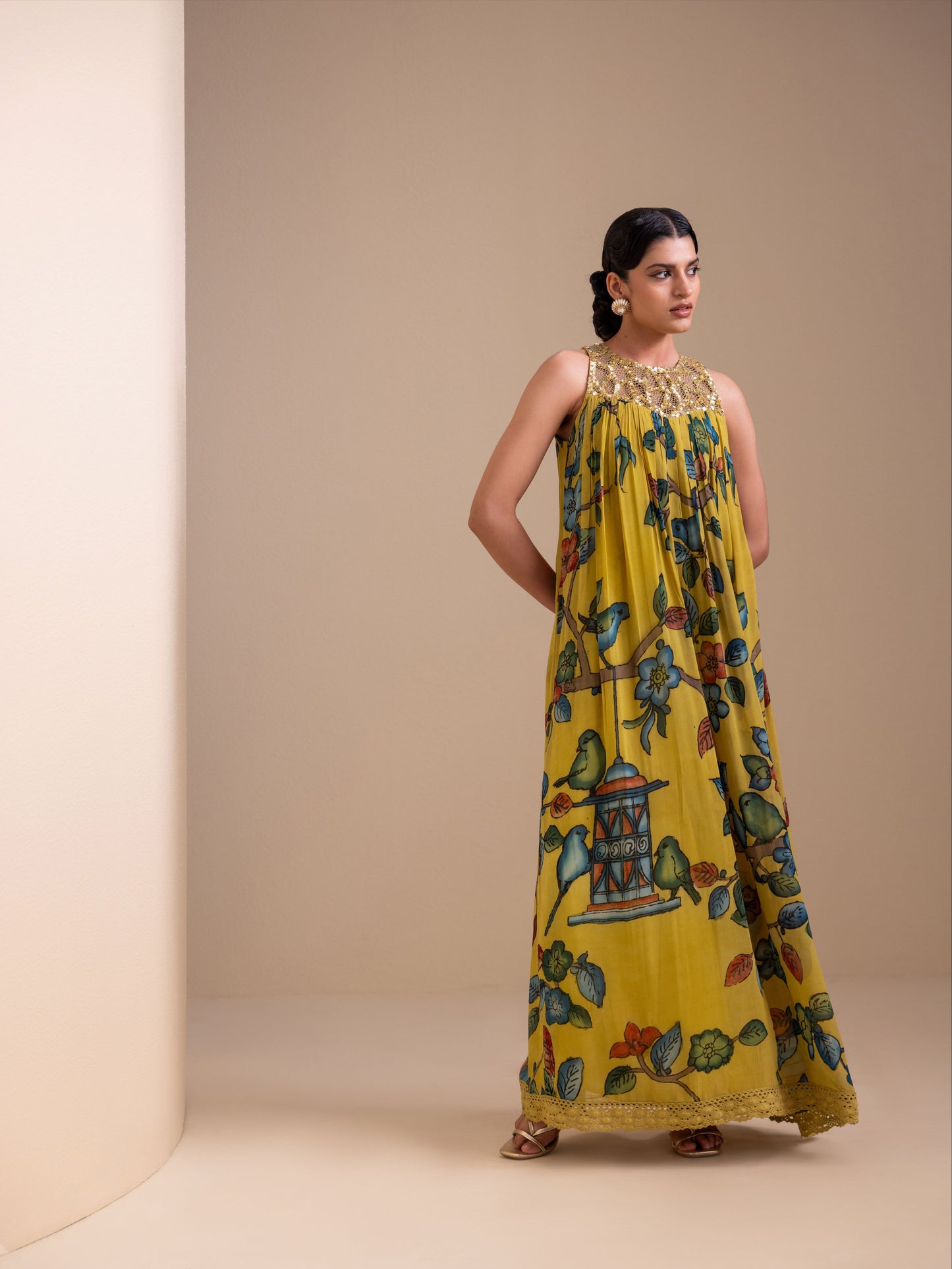 Birds Outside Cages Ochre Kalamkari Maxi