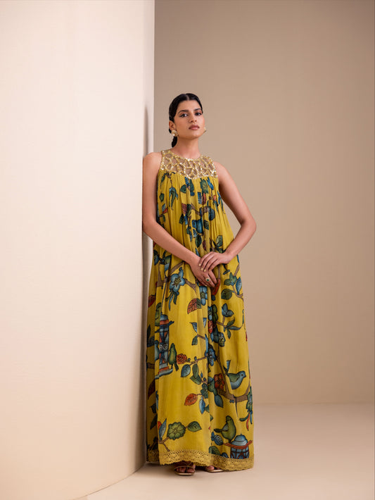 Birds Outside Cages Ochre Kalamkari Maxi