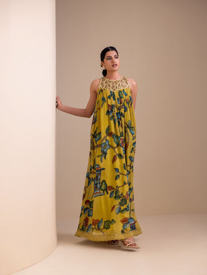 Birds Outside Cages Ochre Kalamkari Maxi