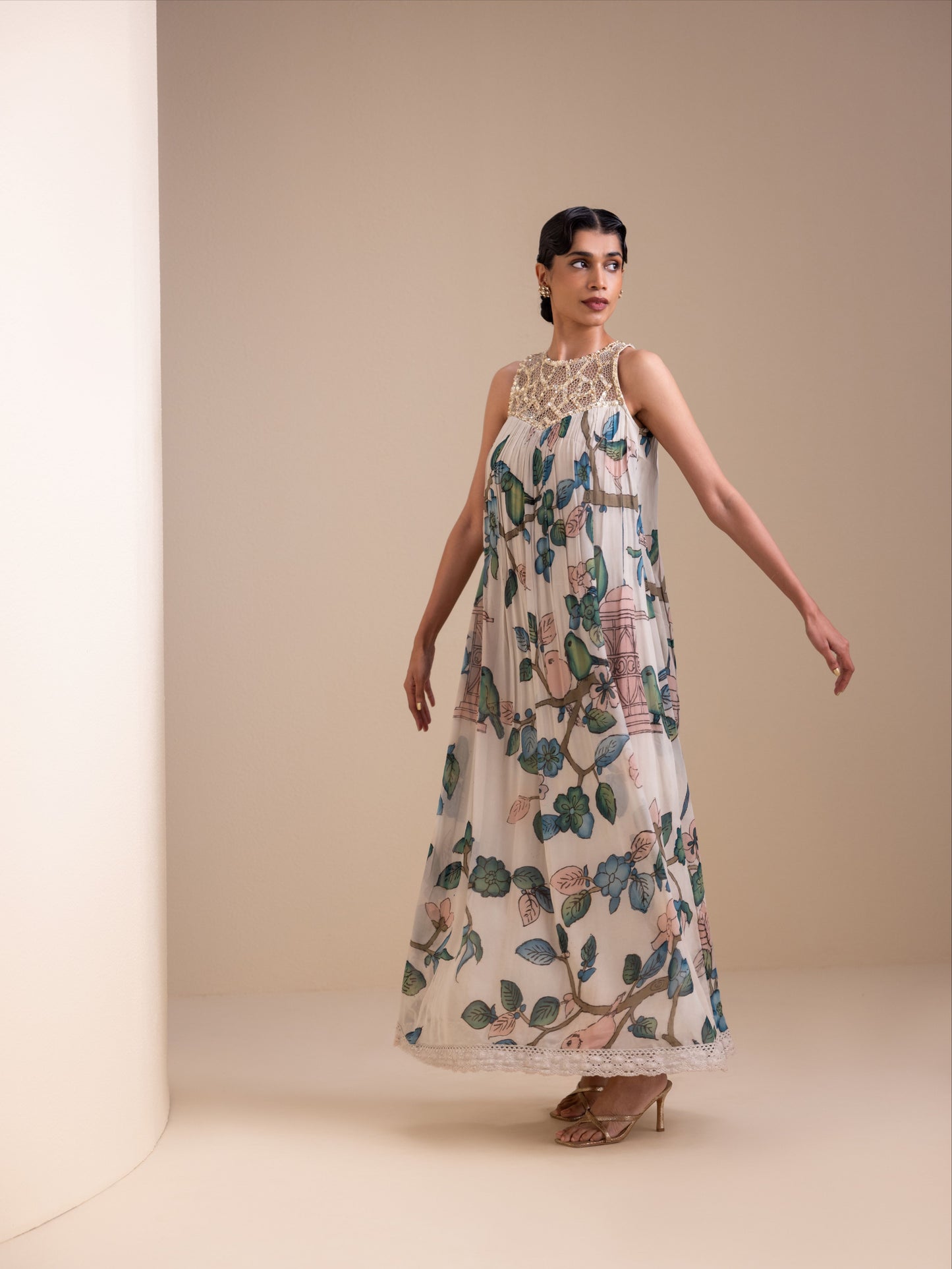 Birds Outside Cages Ivory Kalamkari Maxi