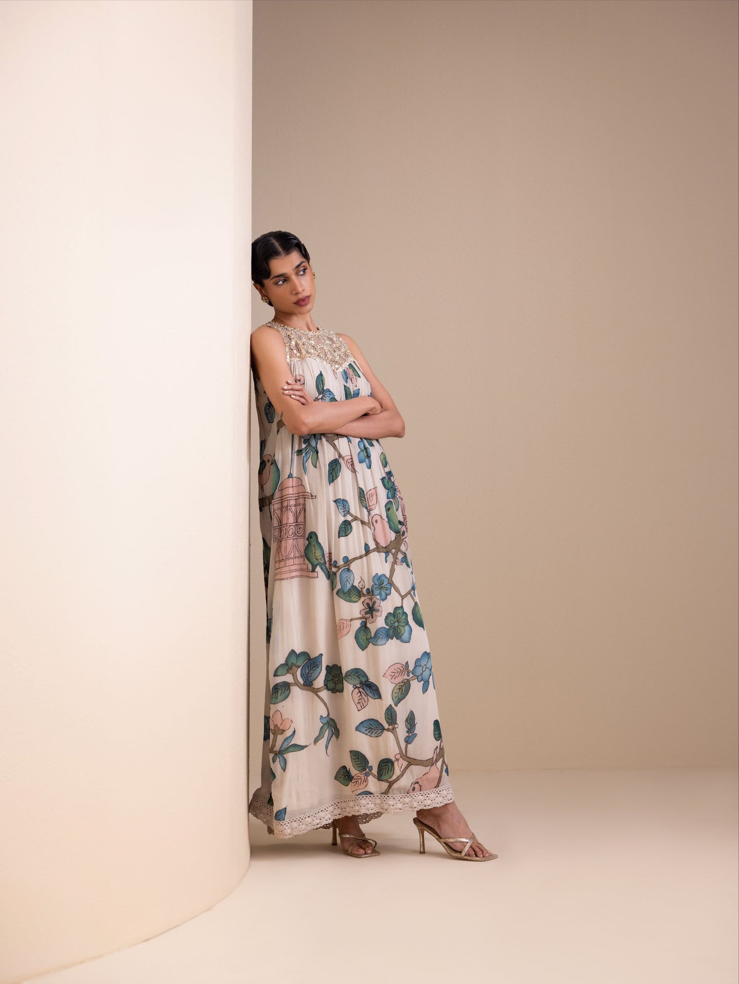 Birds Outside Cages Ivory Kalamkari Maxi