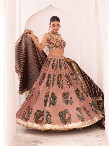 Sandrose-Pink Peacock Theme Kalamkari Lehenga Set