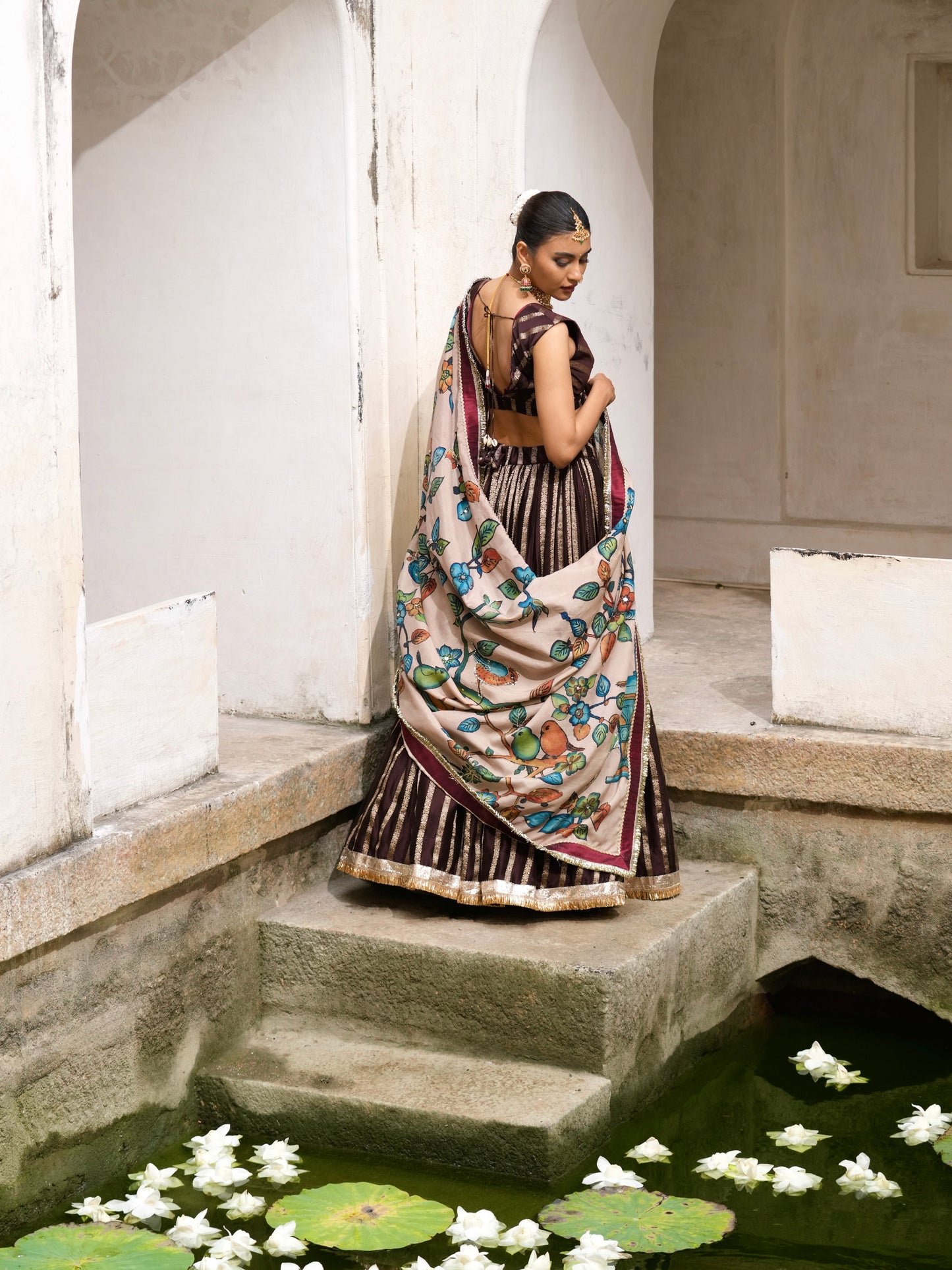 Brown Lehenga Set With Birds Outside Cages Kalamkari Dupatta