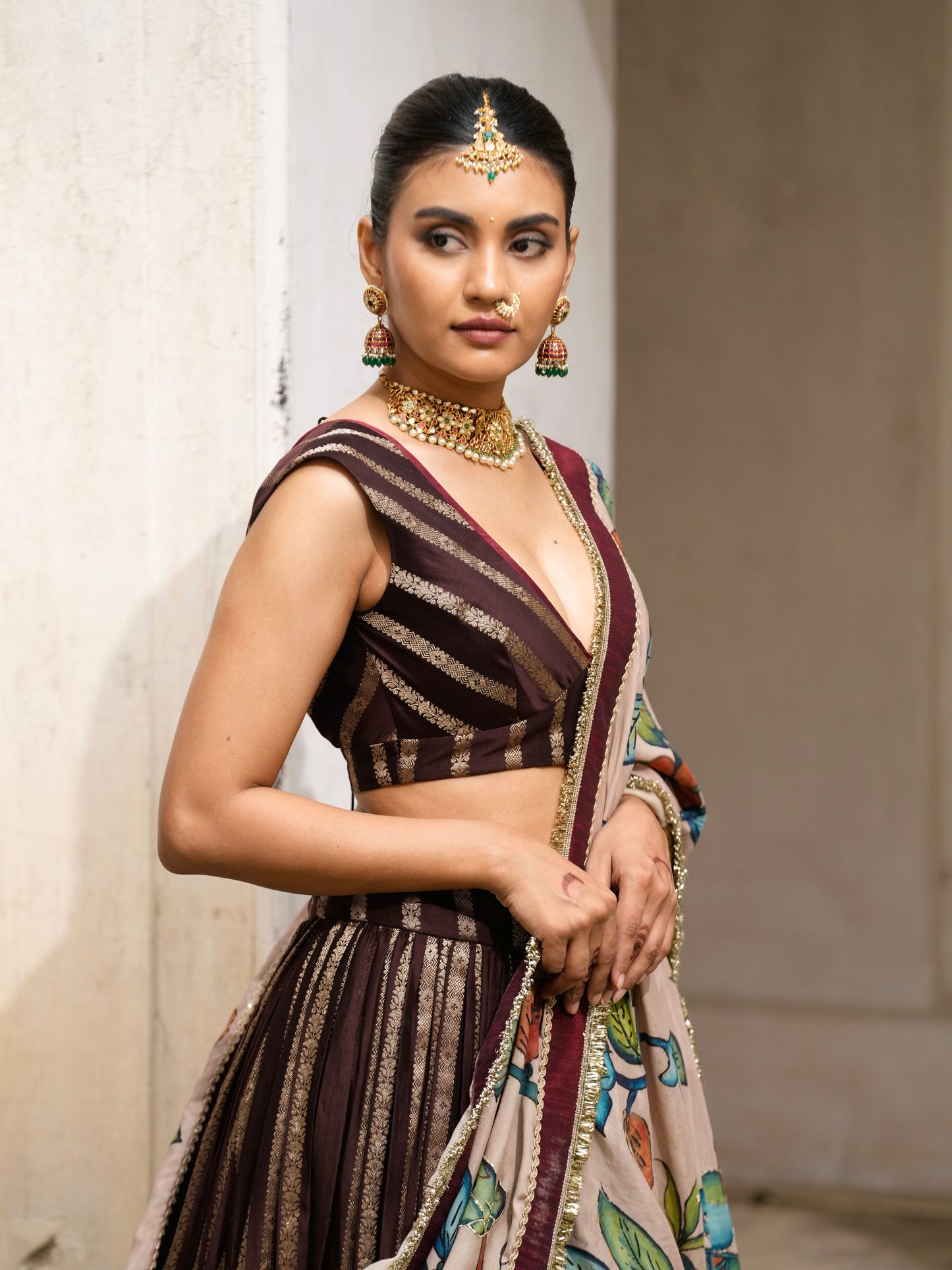 Brown Lehenga Set With Birds Outside Cages Kalamkari Dupatta