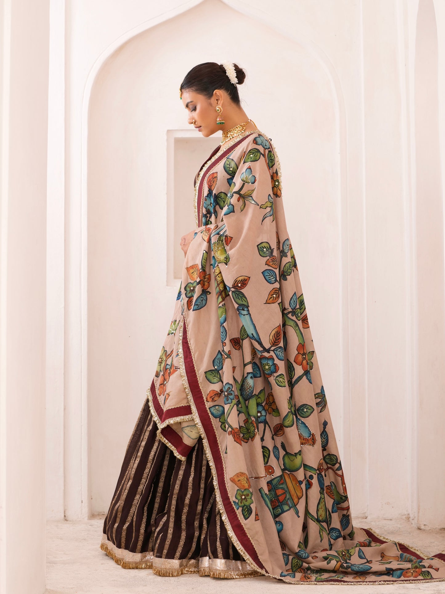 Brown Lehenga Set With Birds Outside Cages Kalamkari Dupatta
