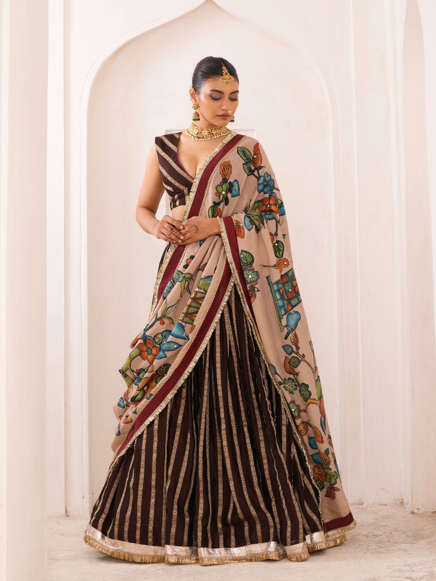 Brown Lehenga Set With Birds Outside Cages Kalamkari Dupatta