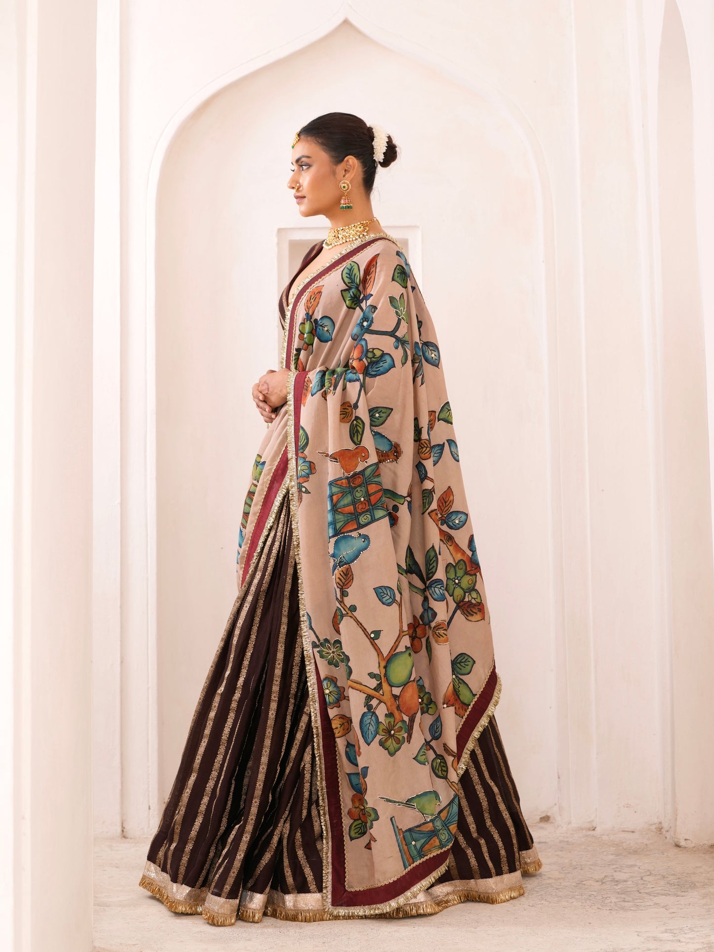 Brown Lehenga Set With Birds Outside Cages Kalamkari Dupatta