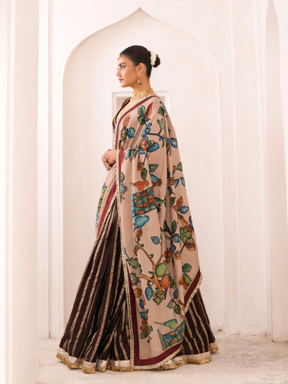Brown Lehenga Set With Birds Outside Cages Kalamkari Dupatta