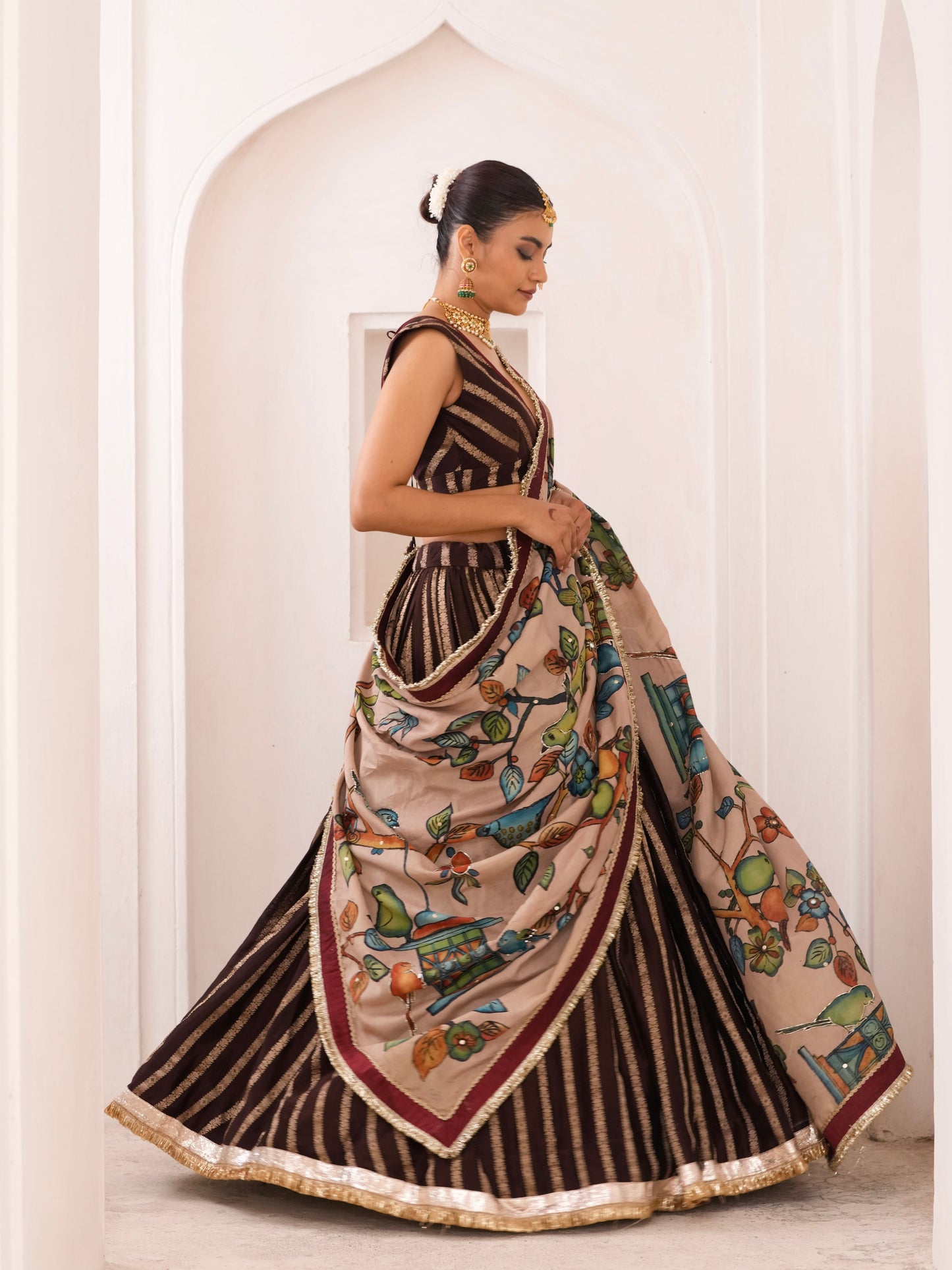 Brown Lehenga Set With Birds Outside Cages Kalamkari Dupatta