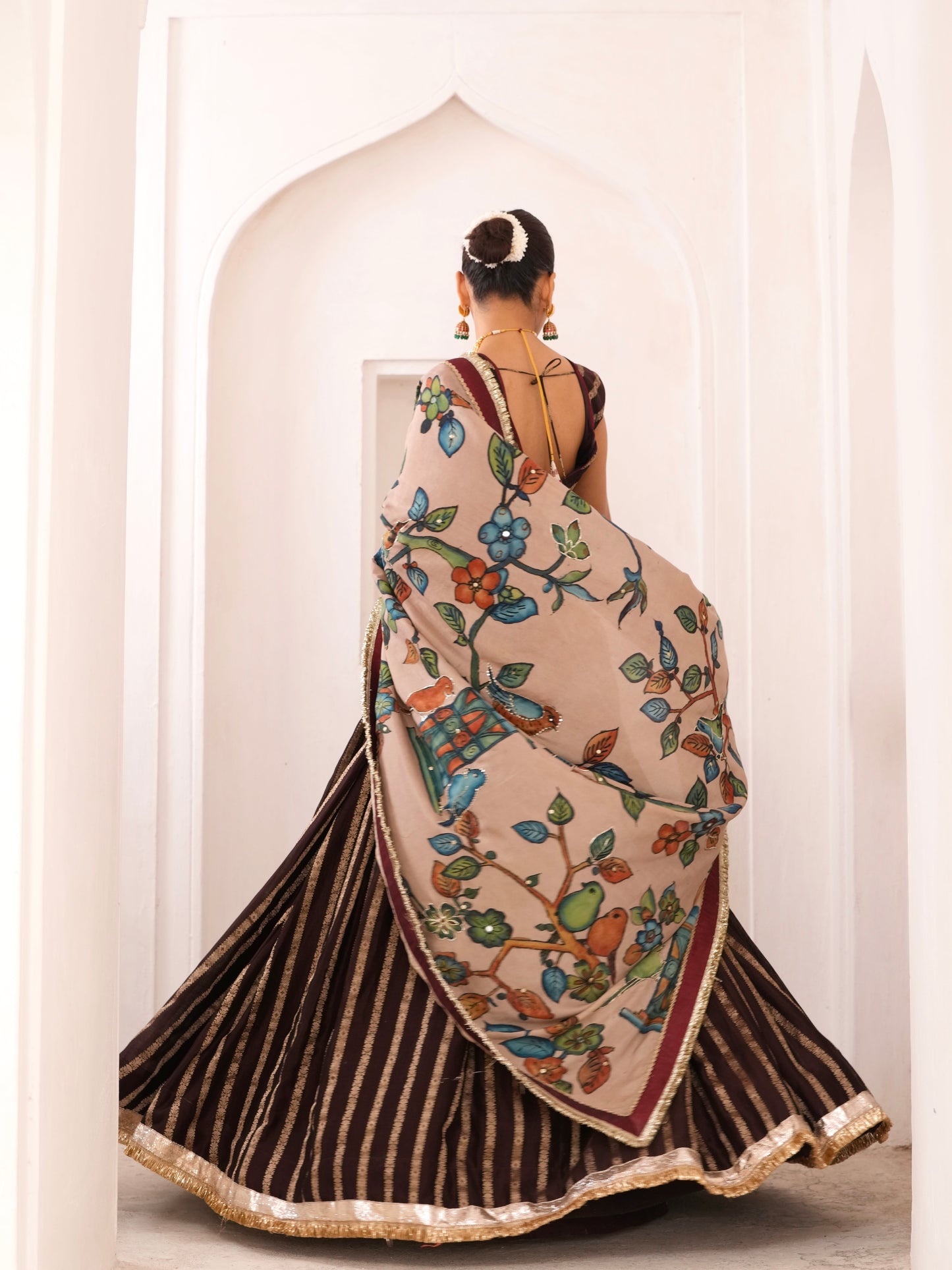 Brown Lehenga Set With Birds Outside Cages Kalamkari Dupatta
