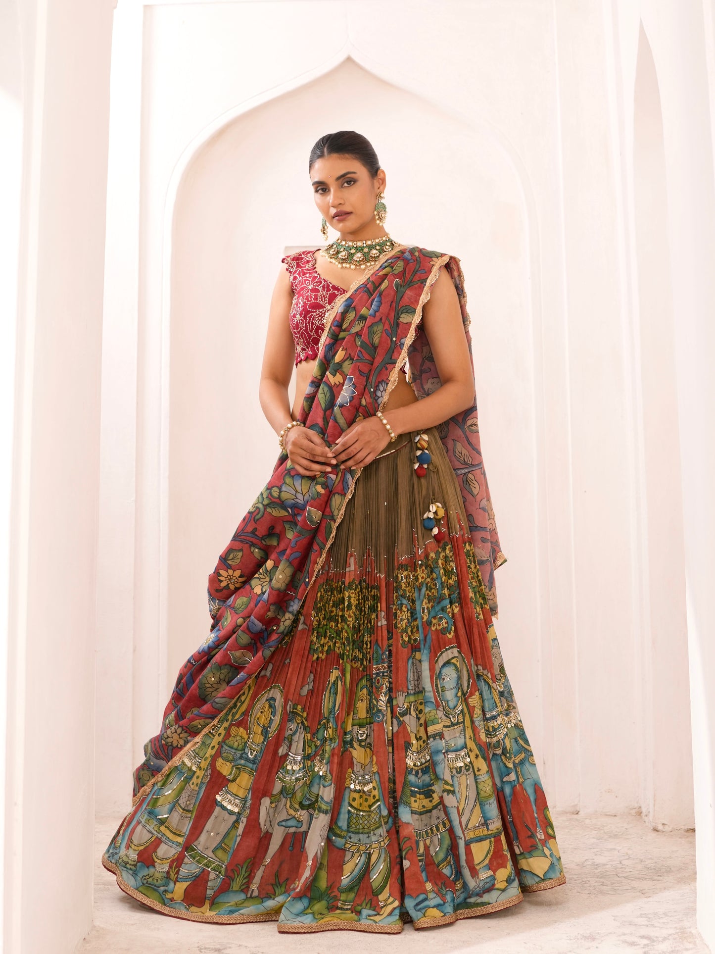 Olive-Green  Palenquin Bride Theme Kalamkari Lehenga Set