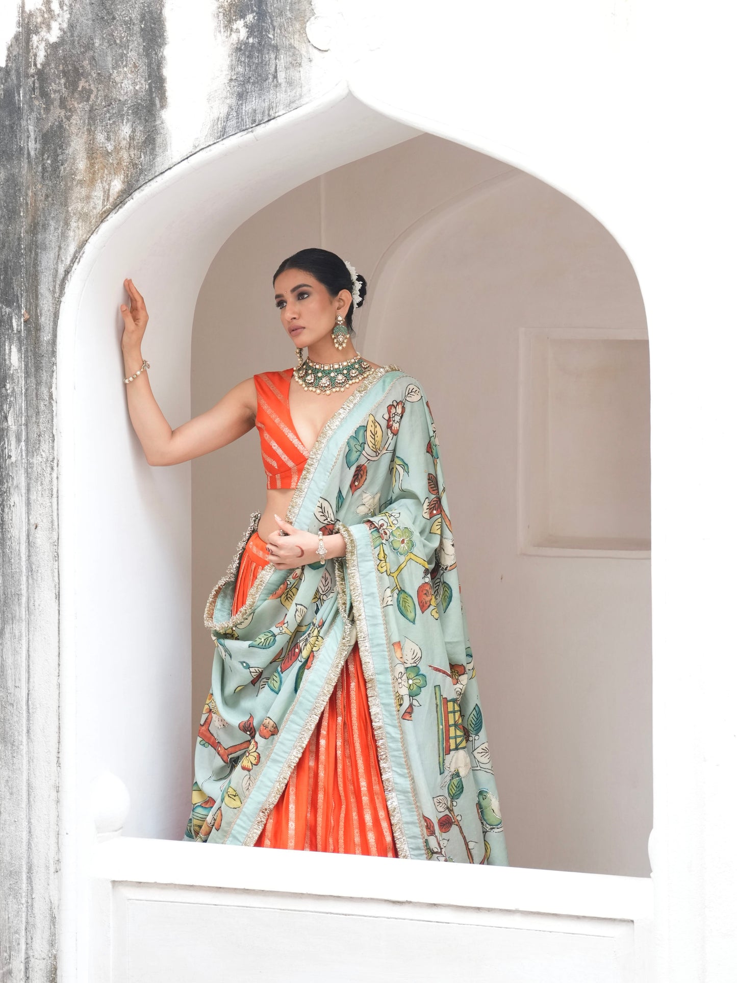 Orange Lehenga Set With Birds Outside Cages Kalamkari Dupatta