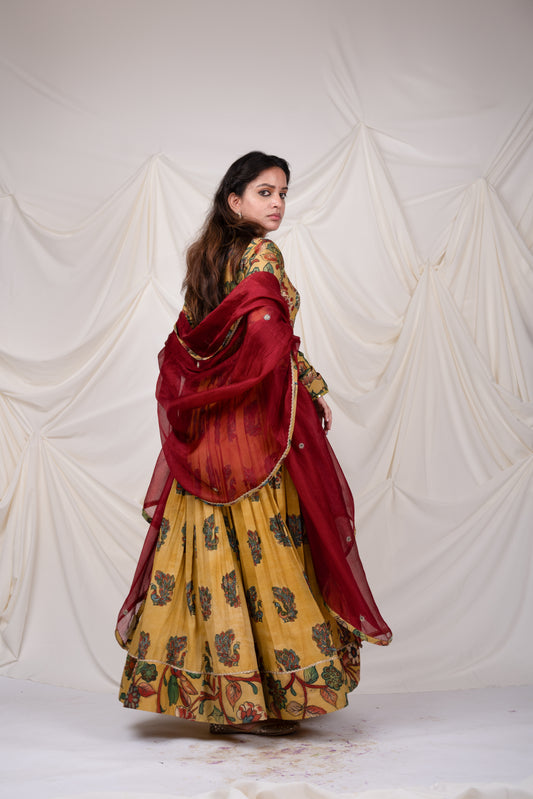 Oakre Yellow Kalamkari Peacock Anarkali Set