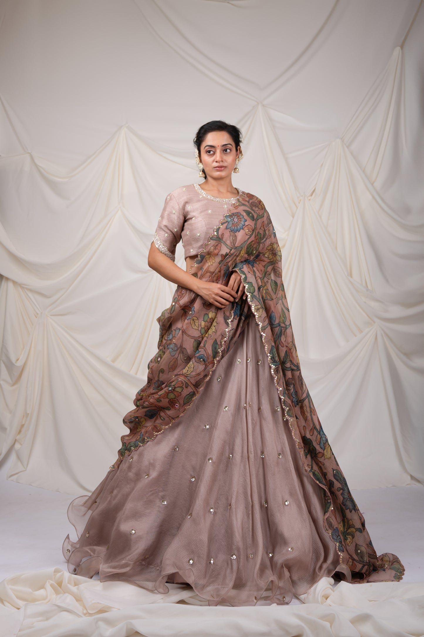 Sandrose-Pink Kalamkari Flared Lehenga Set