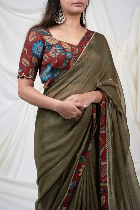 Olive-Green Kalamkari Border Saree Set