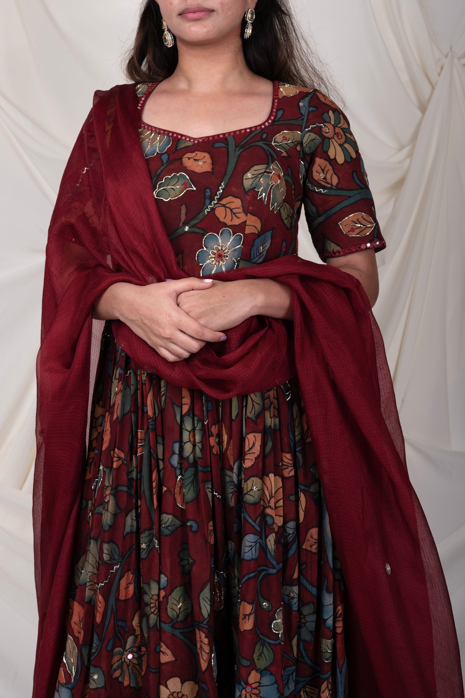 kalamkari anarkali dress designs PURE CHINON KALAMKARI ANARKALI GOWN KURTI COLORFUL Design Purple / M (38")