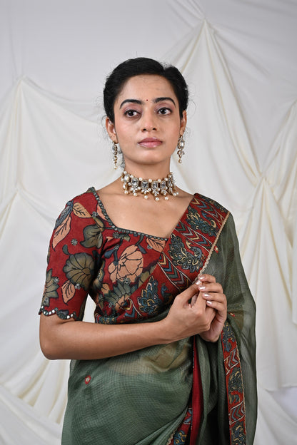 Maroon Kalamkari Mirror Work Cutwork Blouse