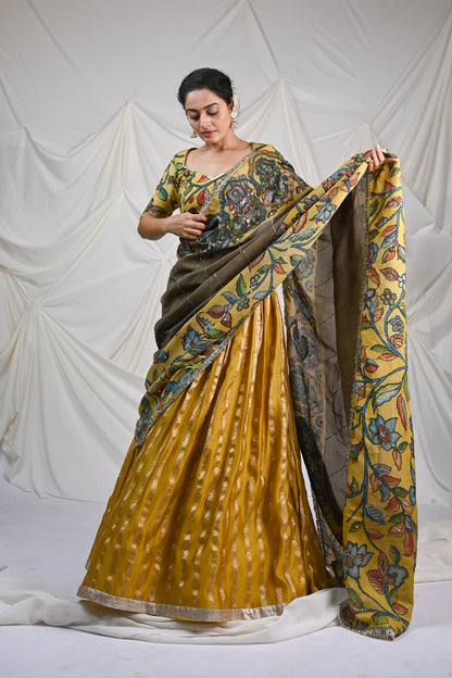 Oakre-Yellow AshtaLaxmi Kalamkari Lehenga Set