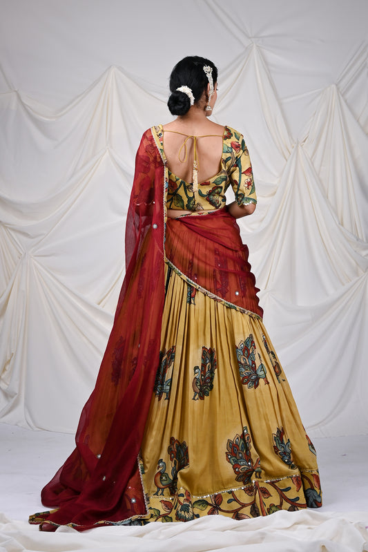 Oakre-Yellow Kalamkari Peacock Lehenga Set