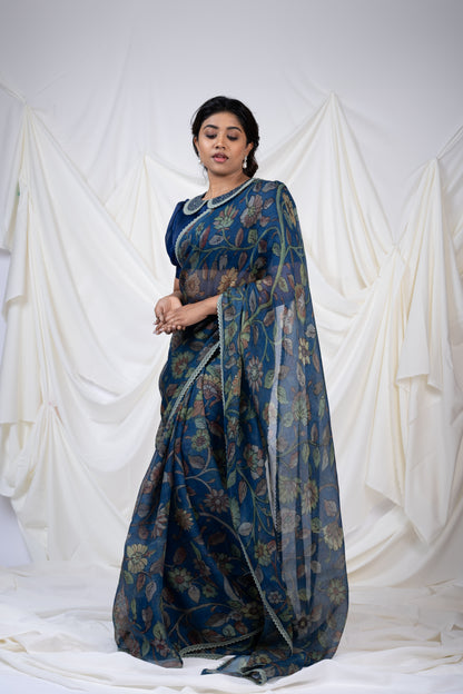 Indigo-Blue Floral Kalamkari Saree Set