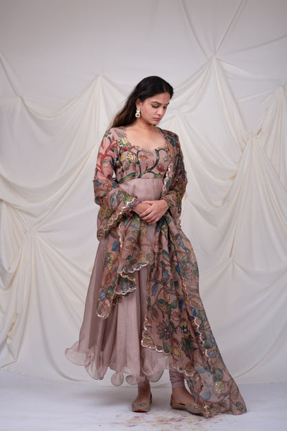 Sandrose-Pink Kalamkari Flared Anarkali Set