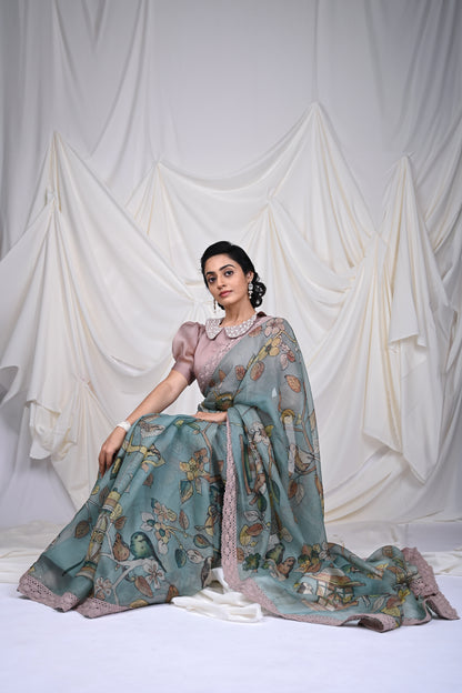 Pastel Blue Bird-Cage Kalamkari Saree Set