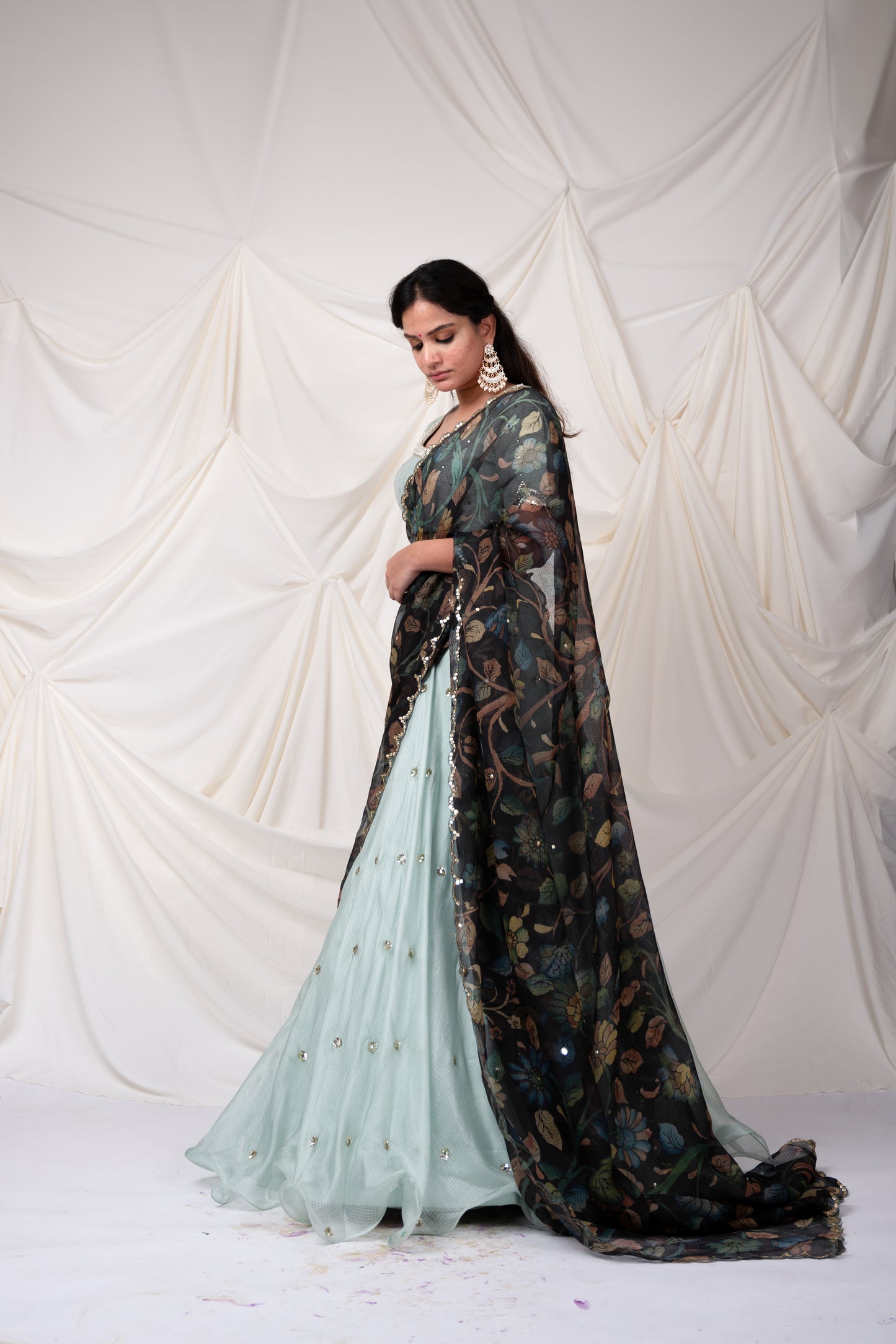 Ice-Blue Kalamkari Flared Lehenga Set