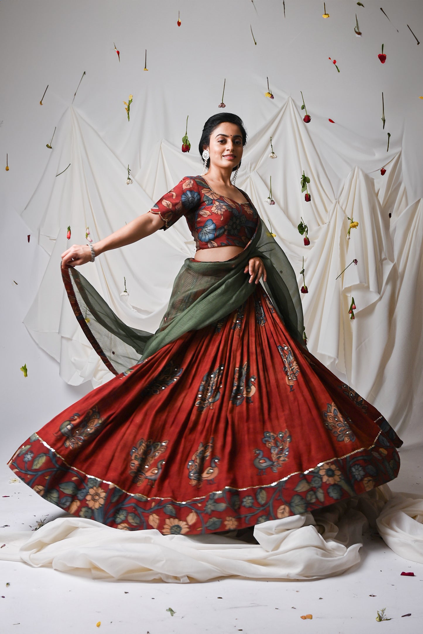 Maroon Kalamkari Peacock Lehenga Set