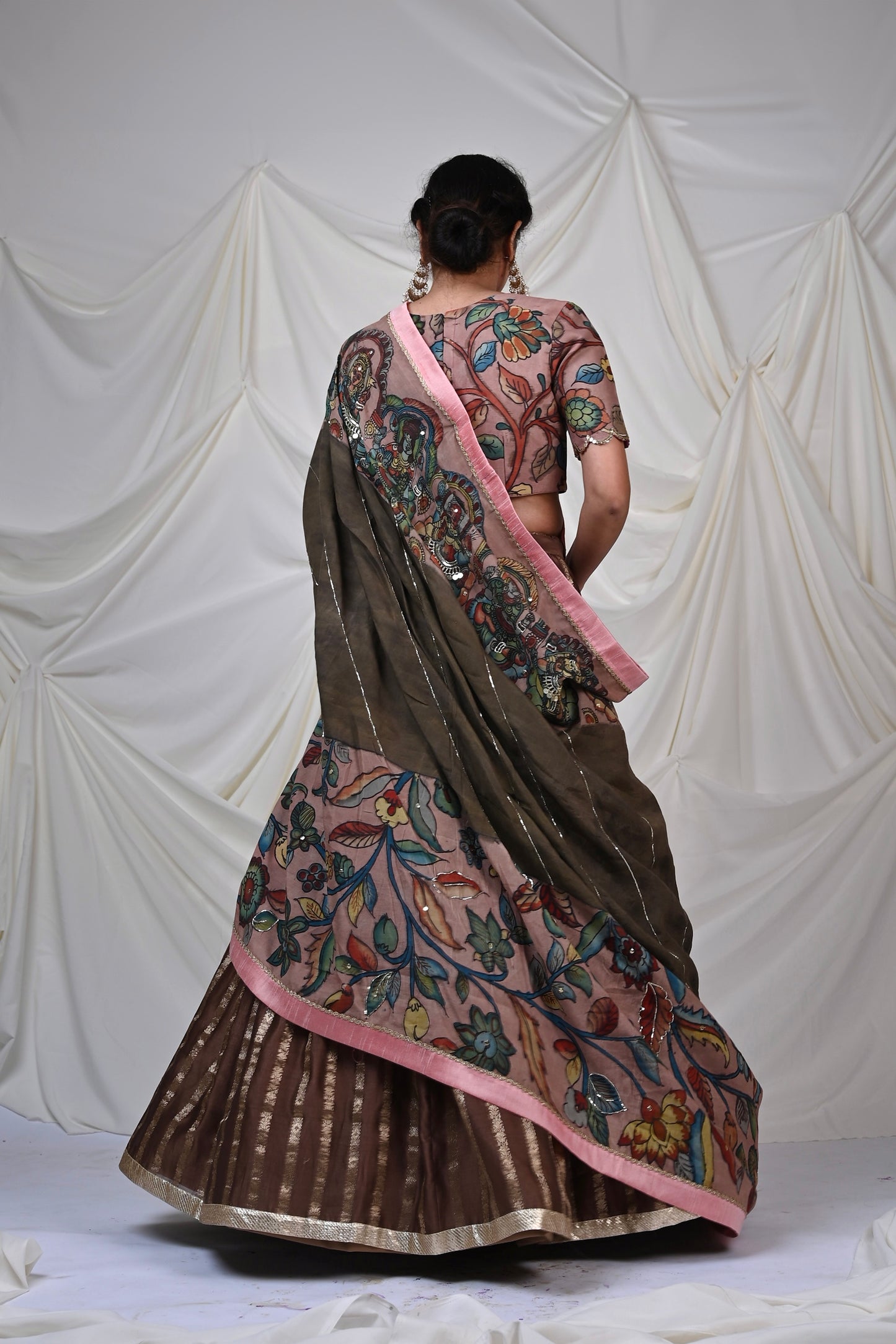 Brown Ashta-Laxmi Kalamkari Lehenga Set