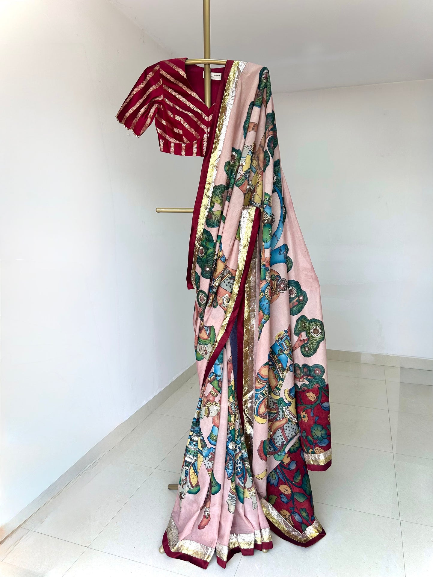 Sandrose-Pink Natyam Kalamkari Saree Set