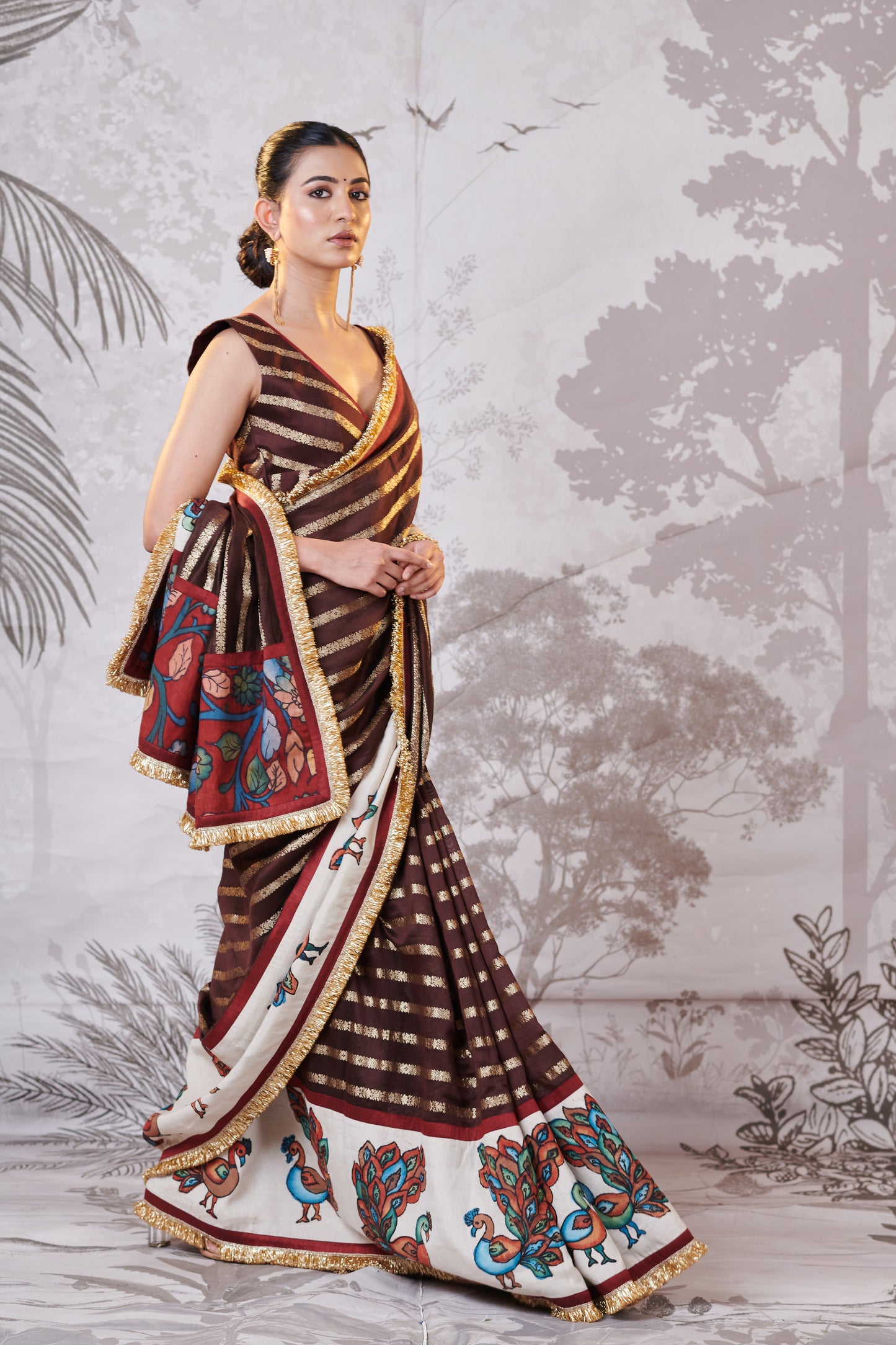 Brown Peacock Hand-Painted Kalamkari Saree Set